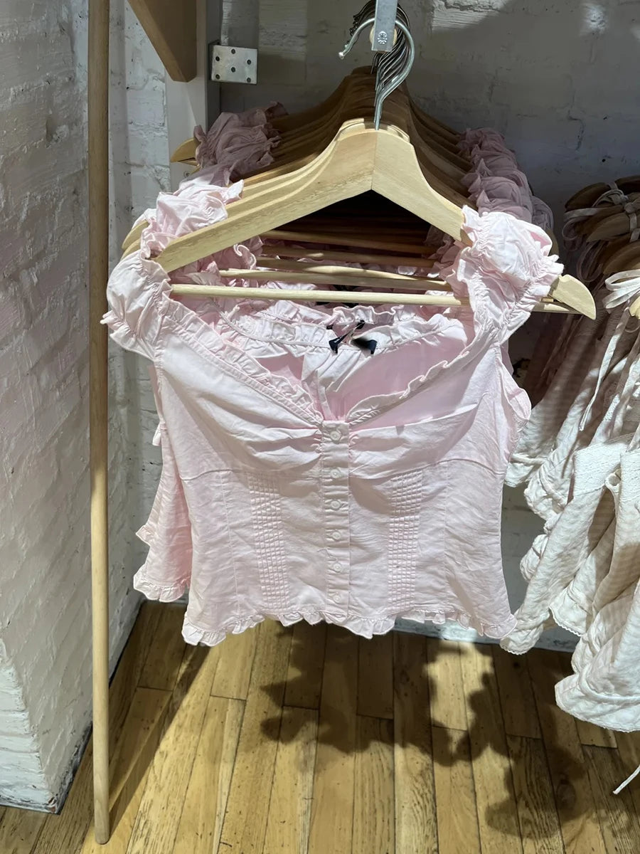 Sweet Pink Folds Blouse Top Women Summer Casual Single Breasted Ruffle Sleeveless Tank Tops Vest Female Cute Preppy Style Camis