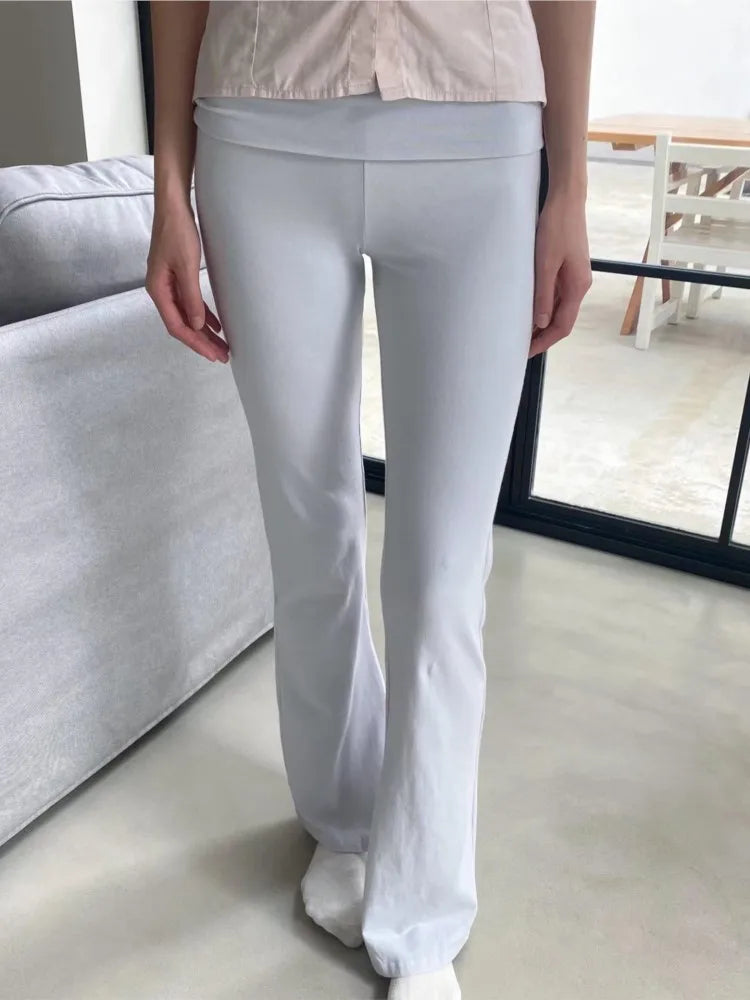 Sweet Flip up Pink Skinny Yoga Pants Women Autumn Elastic Cotton Long Flare Pants Female Casual Preppy Style Y2K Sport Trousers