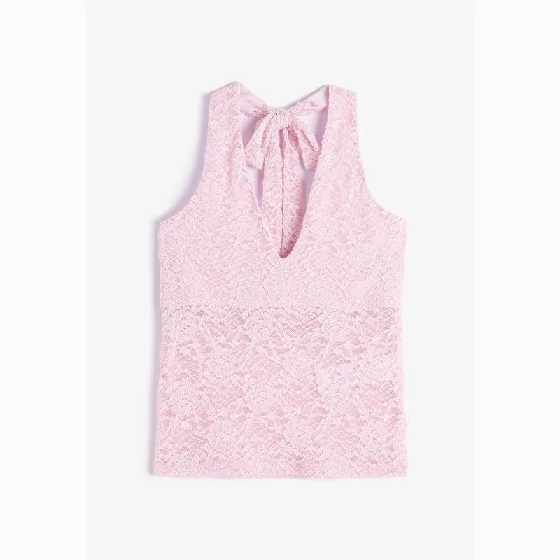 Lace See Through Halter Neck Tank Tops Women New Casual Sexy Streetwear Cotton V-neck Sleeveless Vests Sweet Chic Vintage Camis