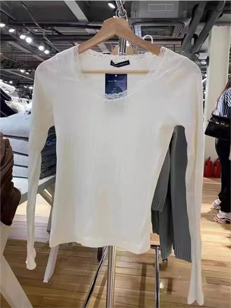 Hollow Out Lace Trim Long Sleeve Tees Women New Cotton White O-neck Slim Sexy Tops Clothes Female Chic Sweet Cute Y2K T-shirts