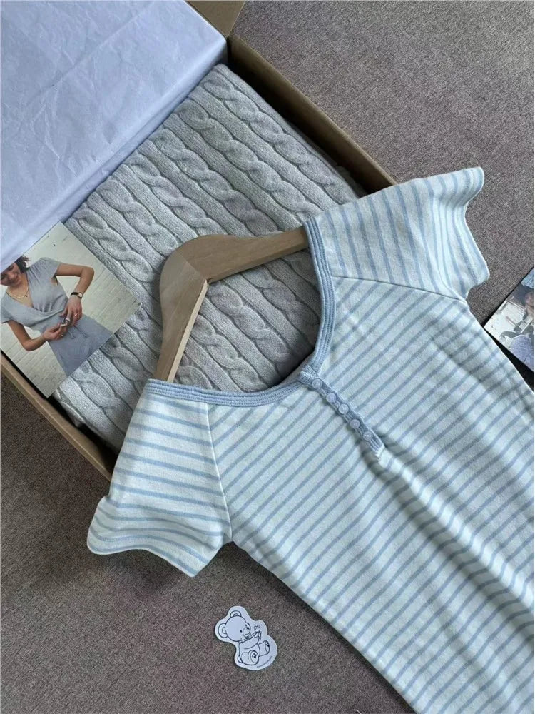 Blue Striped Button T-shirts Women Cotton Slim Preppy Style Simple Crew Neck Short Sleeve Tees Sweet Cute Fashion Y2K Tshirts
