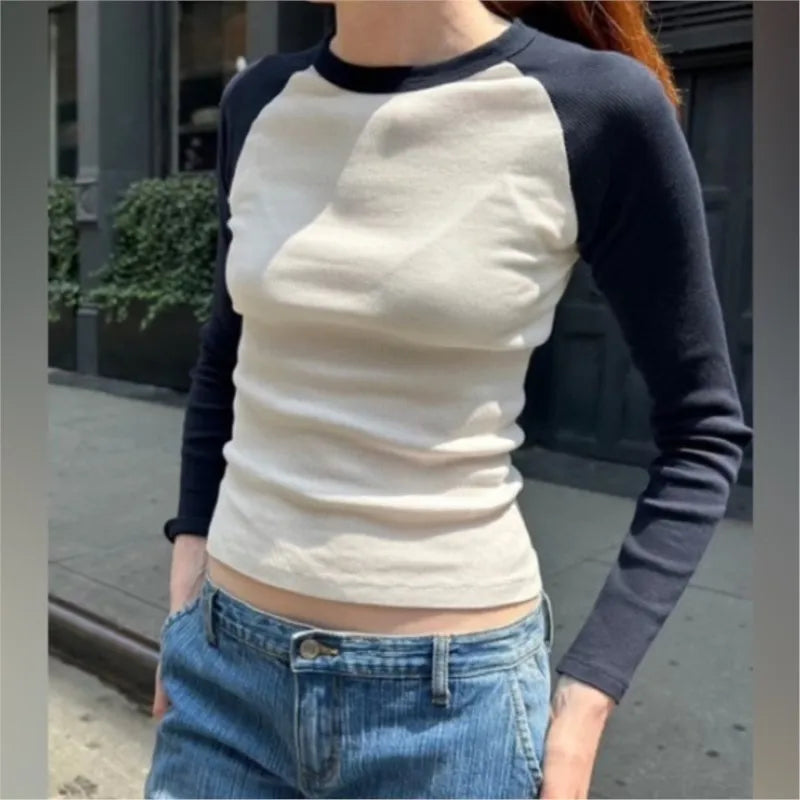 Retro Patchwork Ribbed T-shirt Women Autumn Casual O-Neck Cotton Long Sleeve Tee Shirt Vintage Streetwear Chic T Shirt Y2K Tops