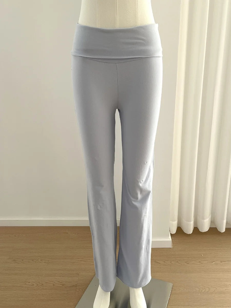 Solid Skinny Cotton T-shirt Pant Set Woman O-neck Long Sleeve Tee+Foldover Flare Yoga Pant Sport 2 Piece Sets Can mix and match