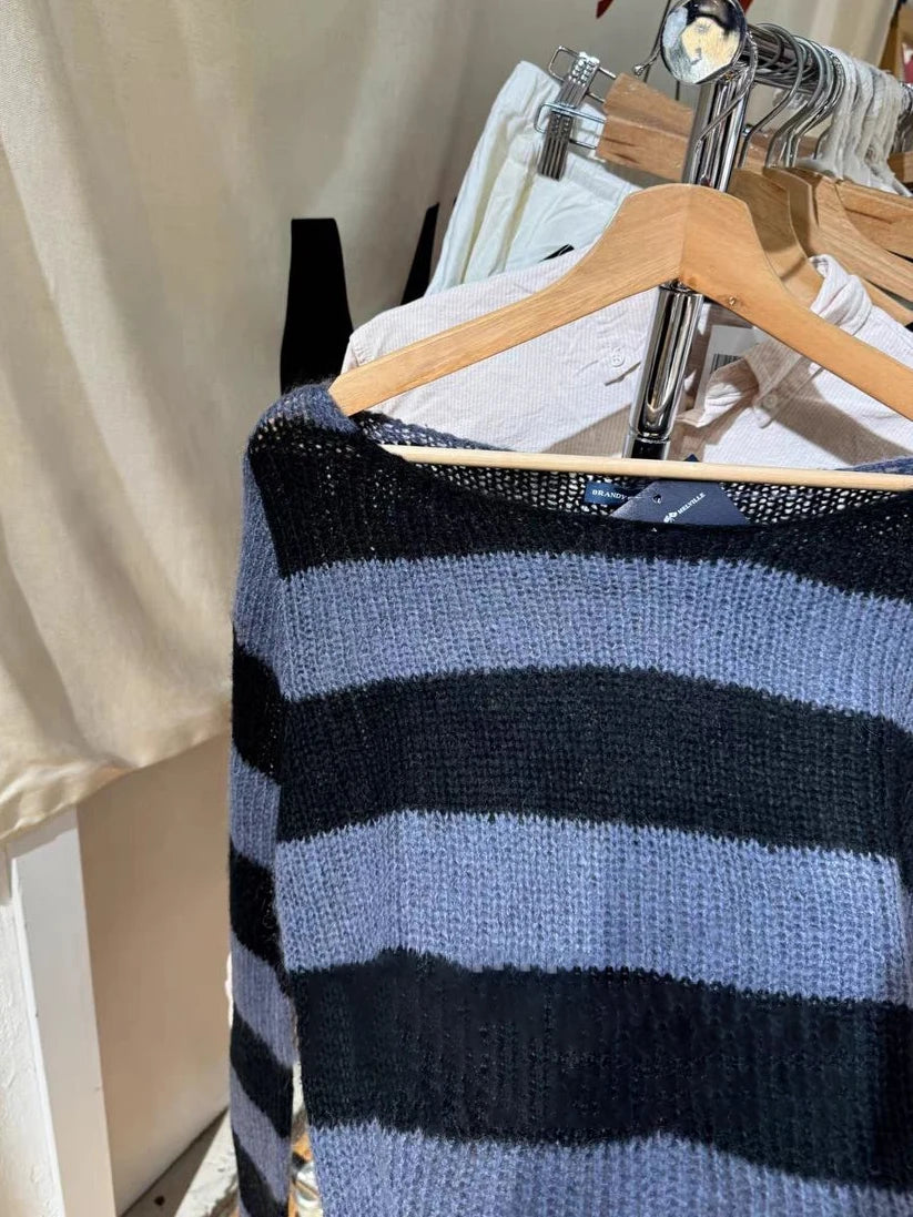 Sweetwear Striped Knitted Long Sleeve T-Shirt Women Autumn Scoop Neck Cotton Thin Smock Vintage Sweet Preppy Style Tee Tops Y2K