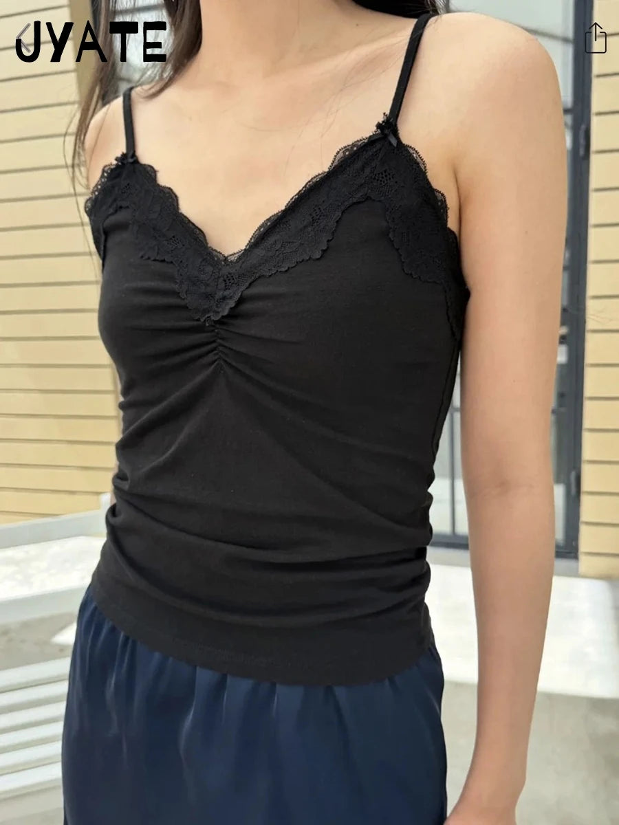 Sexy Lace Trim Slim Black Tank Tops Women Summer New Sweet Cotton Simple Sleeveless Vest Female Preppy Style Basic Crop Top Y2K