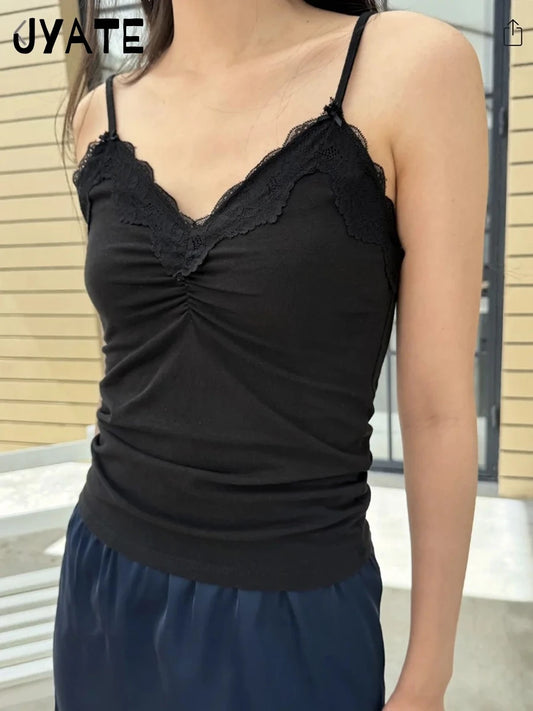 Sexy Lace Trim Slim Black Tank Tops Women Summer New Sweet Cotton Simple Sleeveless Vest Female Preppy Style Basic Crop Top Y2K