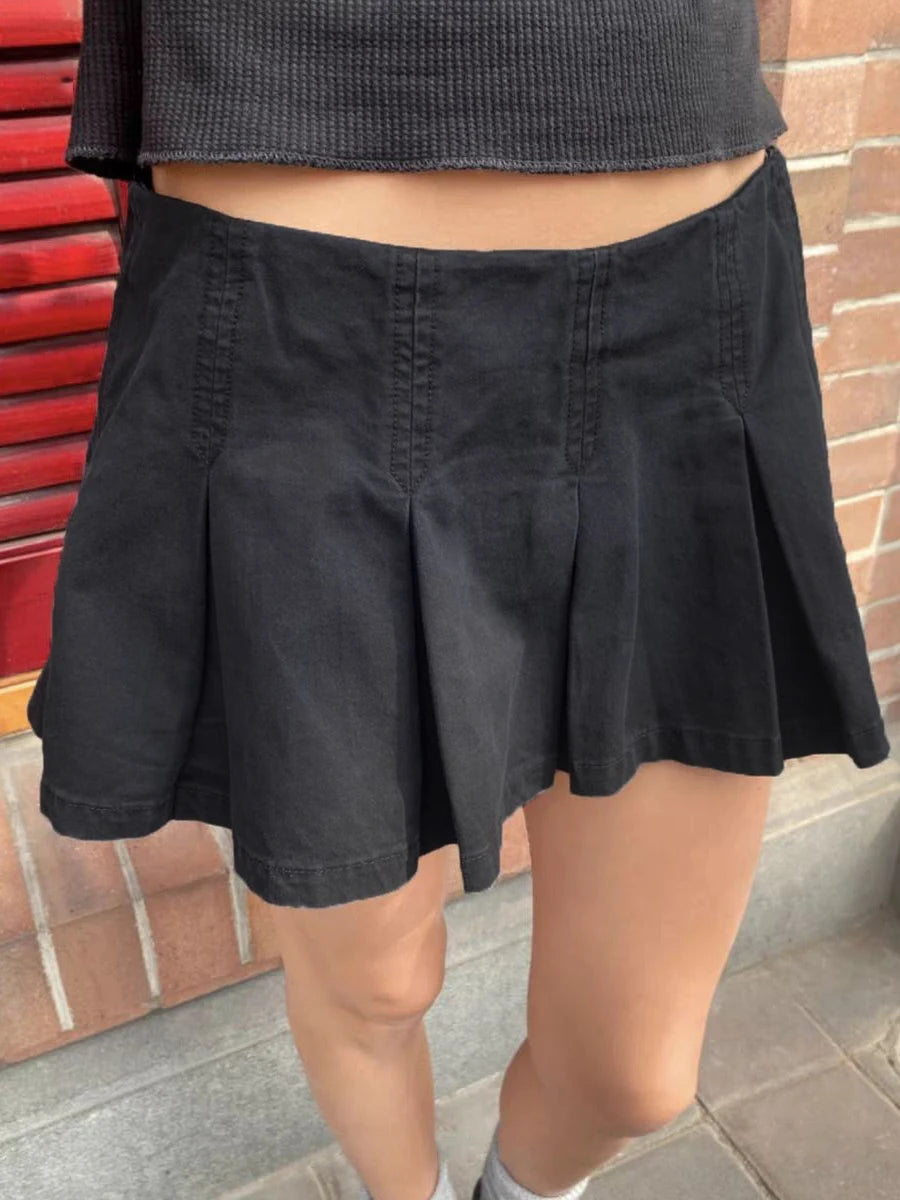 Vintage Black Mini Pleated Skirts Women Summer Cute Low Waist A-line Short Faldas Female Sweet All-match Preppy Style Skirt New