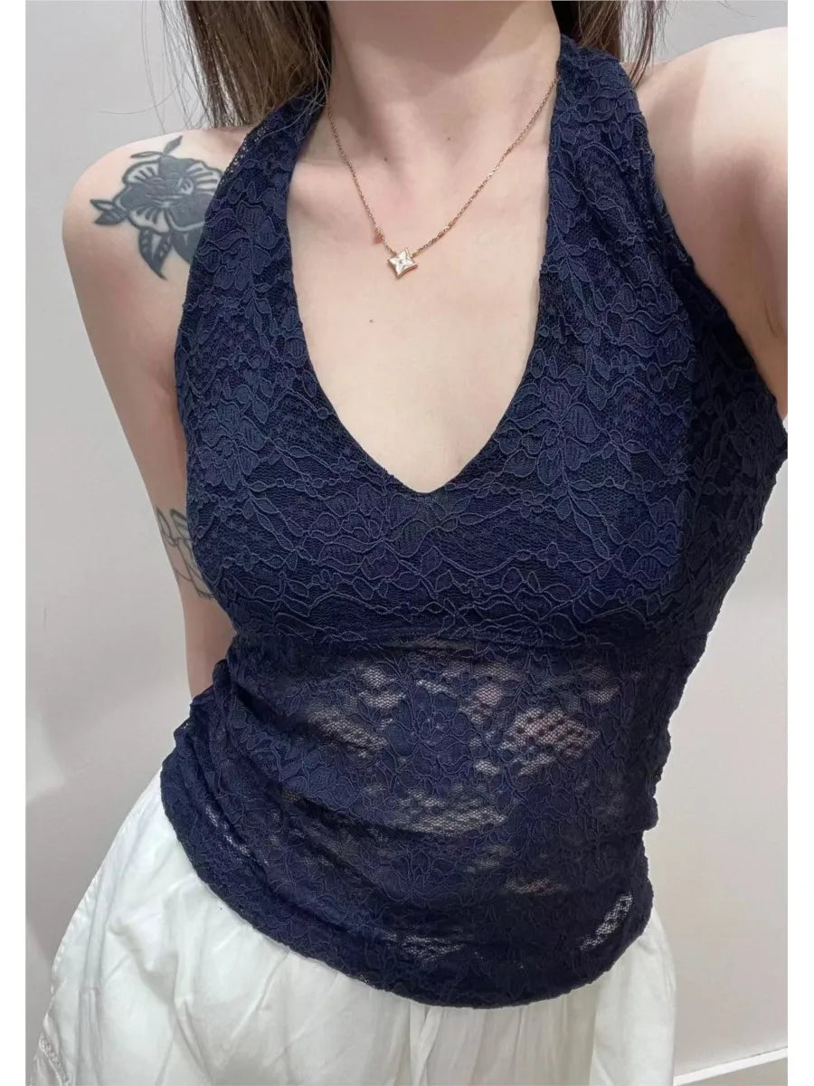 Lace See Through Halter Neck Tank Tops Women New Casual Sexy Streetwear Cotton V-neck Sleeveless Vests Sweet Chic Vintage Camis