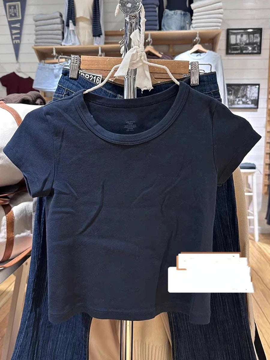 Solid Simple Basic Slim Crop Tops Women Summer Casual Cotton Soft O-neck Casual Short Sleeve Tees Harajuku Vintage T-shirts Y2K