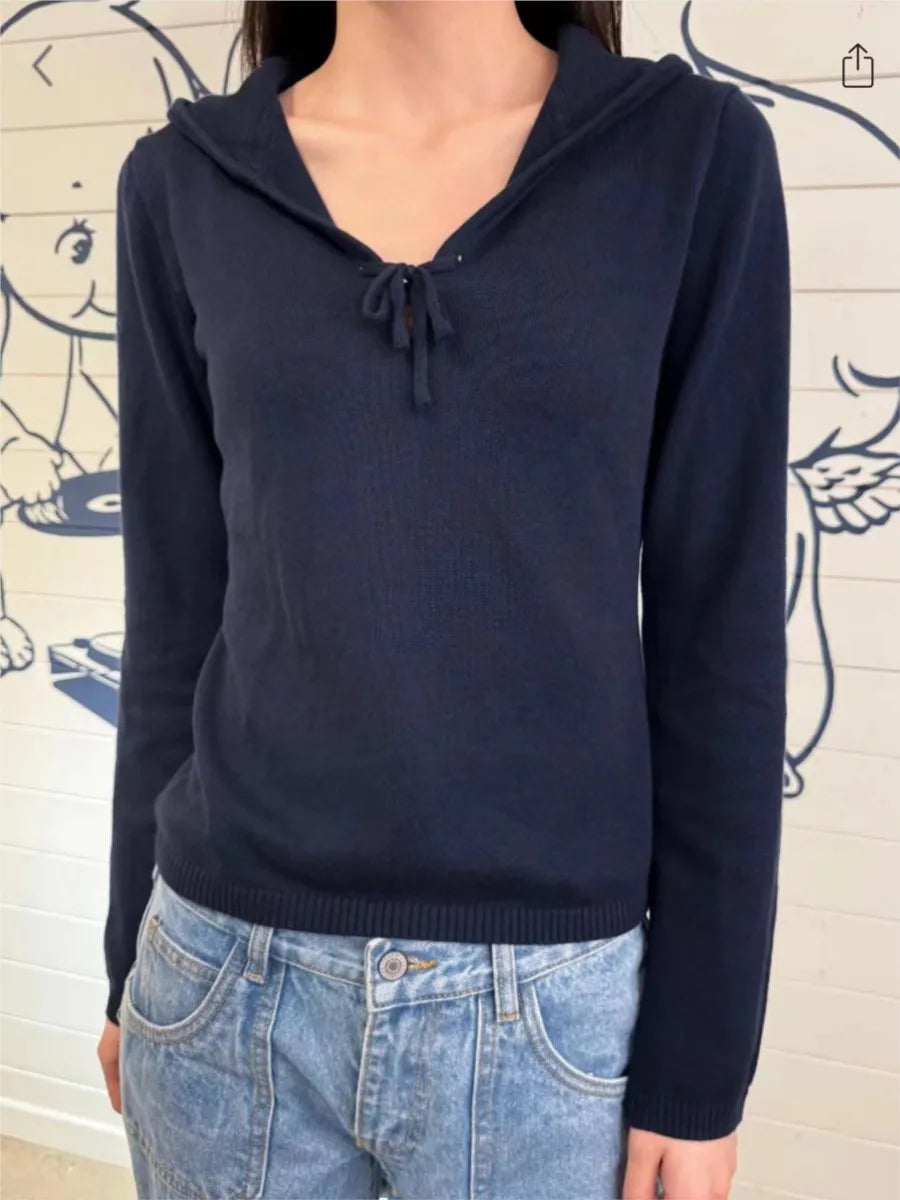 Retro New Navy Hooded Sweaters Women Autumn Cotton Lace-up Long Sleeve Slim Jumpers American Vintage Streetwear Pullover Y2K Top