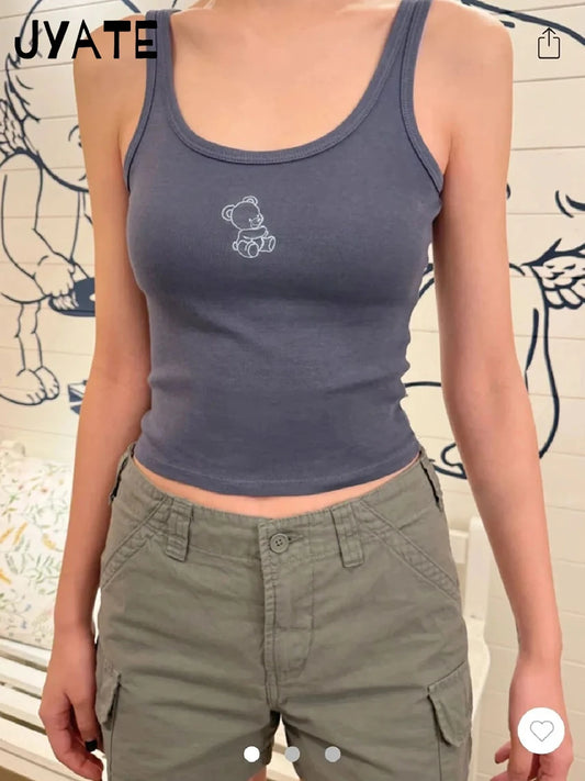 Litter Bear Embroidery Cute Cropped Vests Women New Navy Blue Cotton U-neck Slim Camisole Vintage Harajuku Chic Tank Tops Y2K
