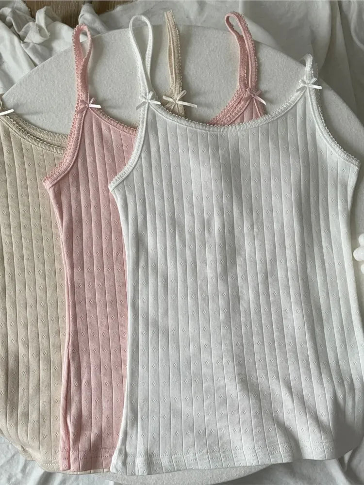 Lace Trim Eyelet Bow Tank Tops Women Cotton Soft Casual Solid Slim Basic Sleeveless Vests Sweet Cute Preppy Style Camisole