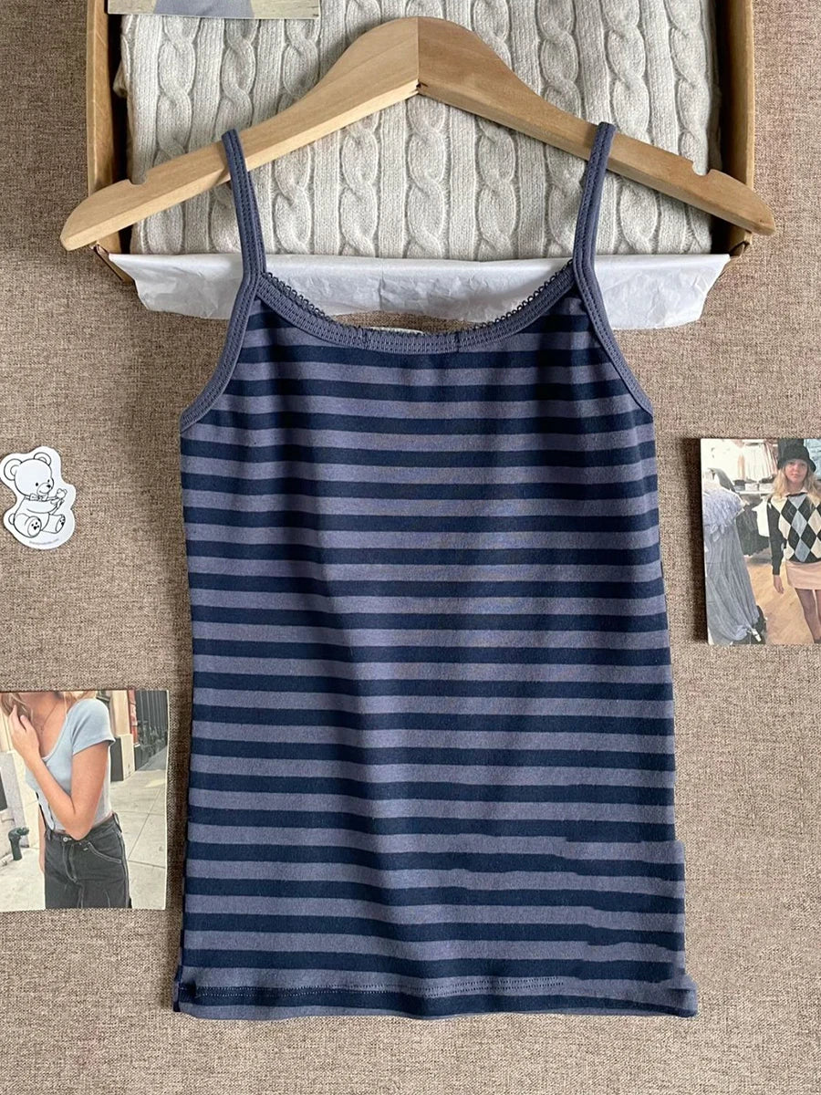 Navy Striped Cotton Slim Camisole Women Casual Streetwear Lace Trim Sleeveless Tank Tops Female Vintage Sweet Cute Camis Y2K