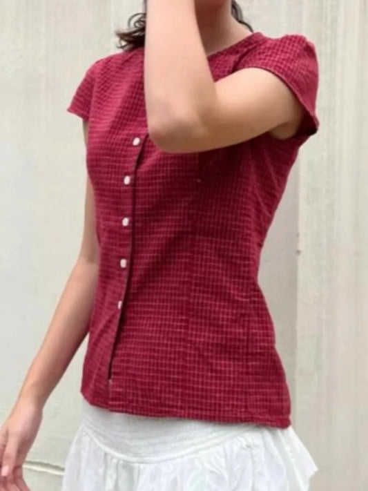 American Retro Red Plaid Blouse Women Summer New Single breasted Short Sleeve Tees Tshirts Sweet Vintage Streetwear Blouses Top