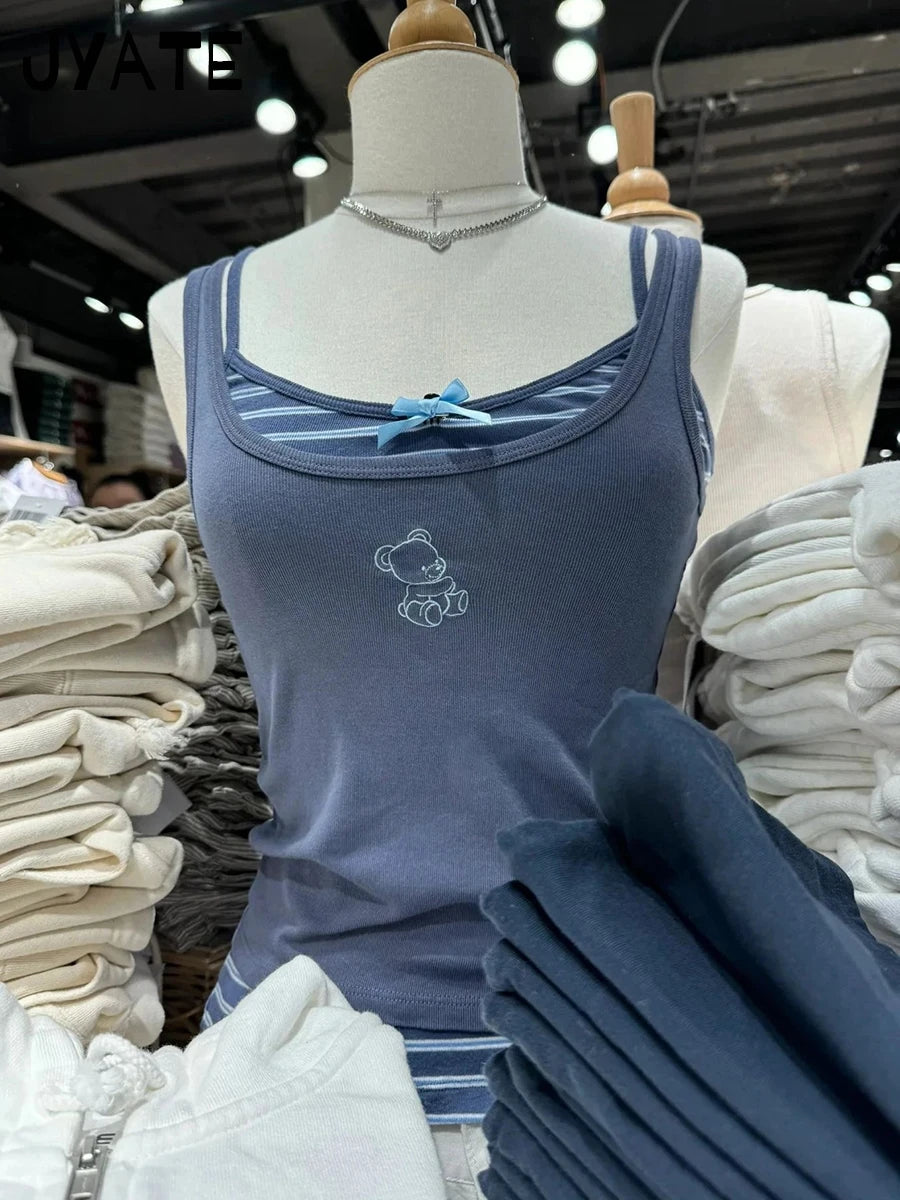 Litter Bear Embroidery Cute Cropped Vests Women New Navy Blue Cotton U-neck Slim Camisole Vintage Harajuku Chic Tank Tops Y2K