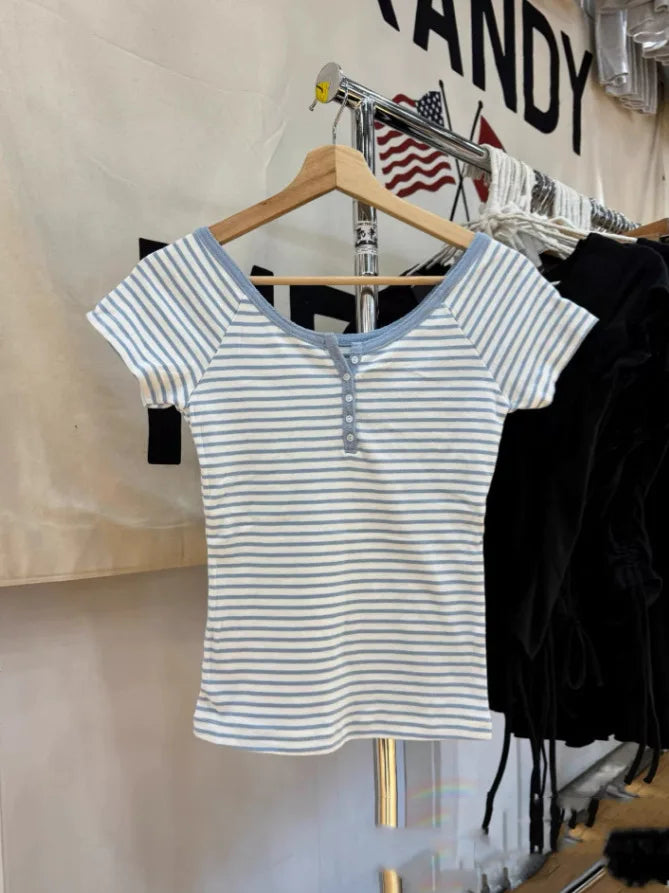 Blue Striped Button T-shirts Women Cotton Slim Preppy Style Simple Crew Neck Short Sleeve Tees Sweet Cute Fashion Y2K Tshirts