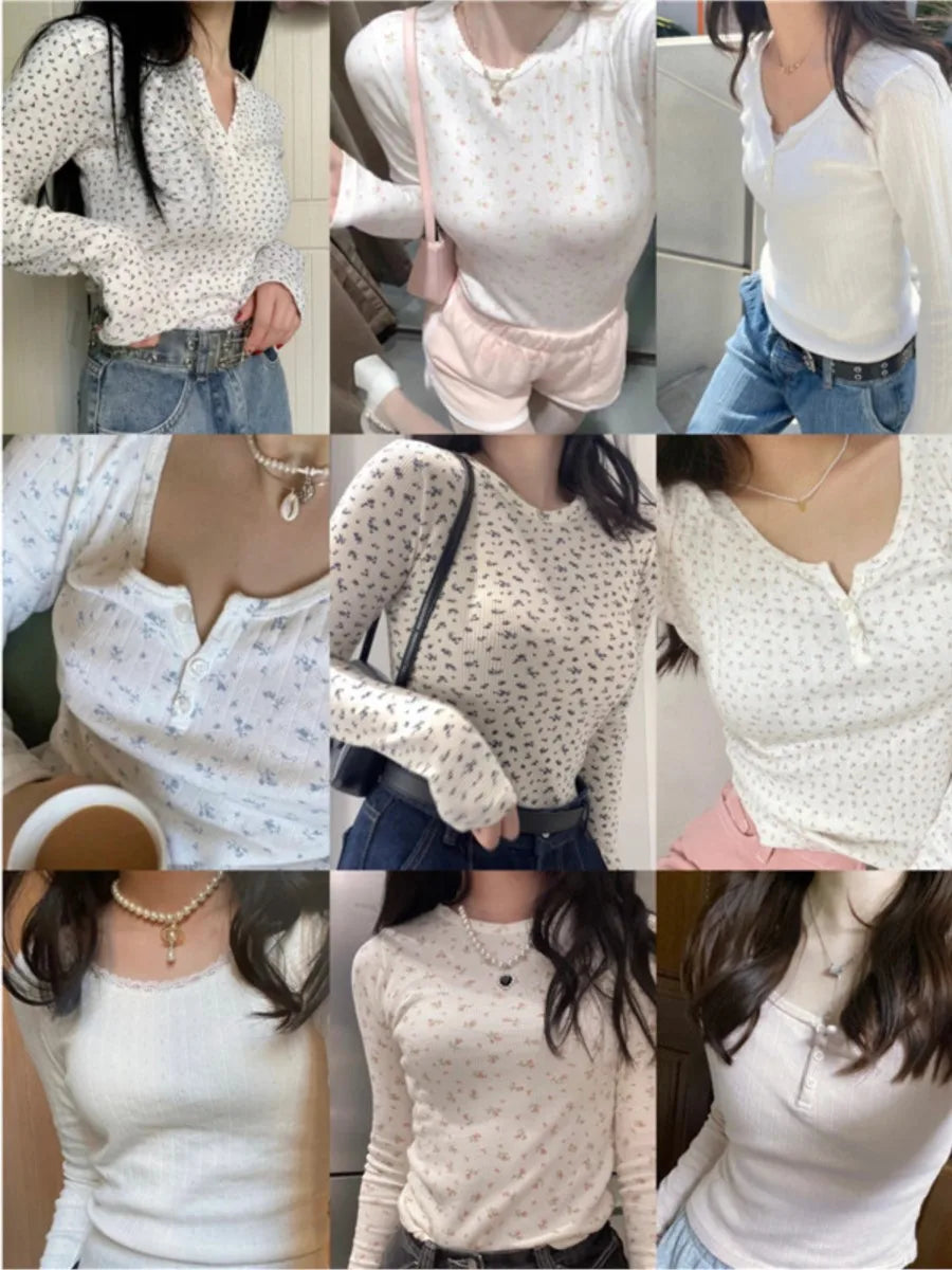 White Hollow Out T-shirts Women Cotton Soft Slim Raw Trim Crew Neck Long Sleeve Tops Clean Girl Vintage Cute Sweet Tees Clothes