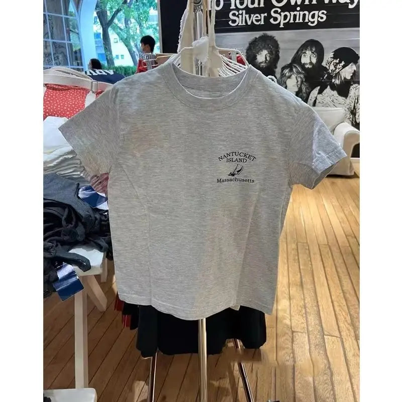 Letter Sailboat Print Solid Short Sleeve Tee Women Streetwear Cotton O-neck Loose Casual Crop Tops Fashion Vintage Y2K T-shirts