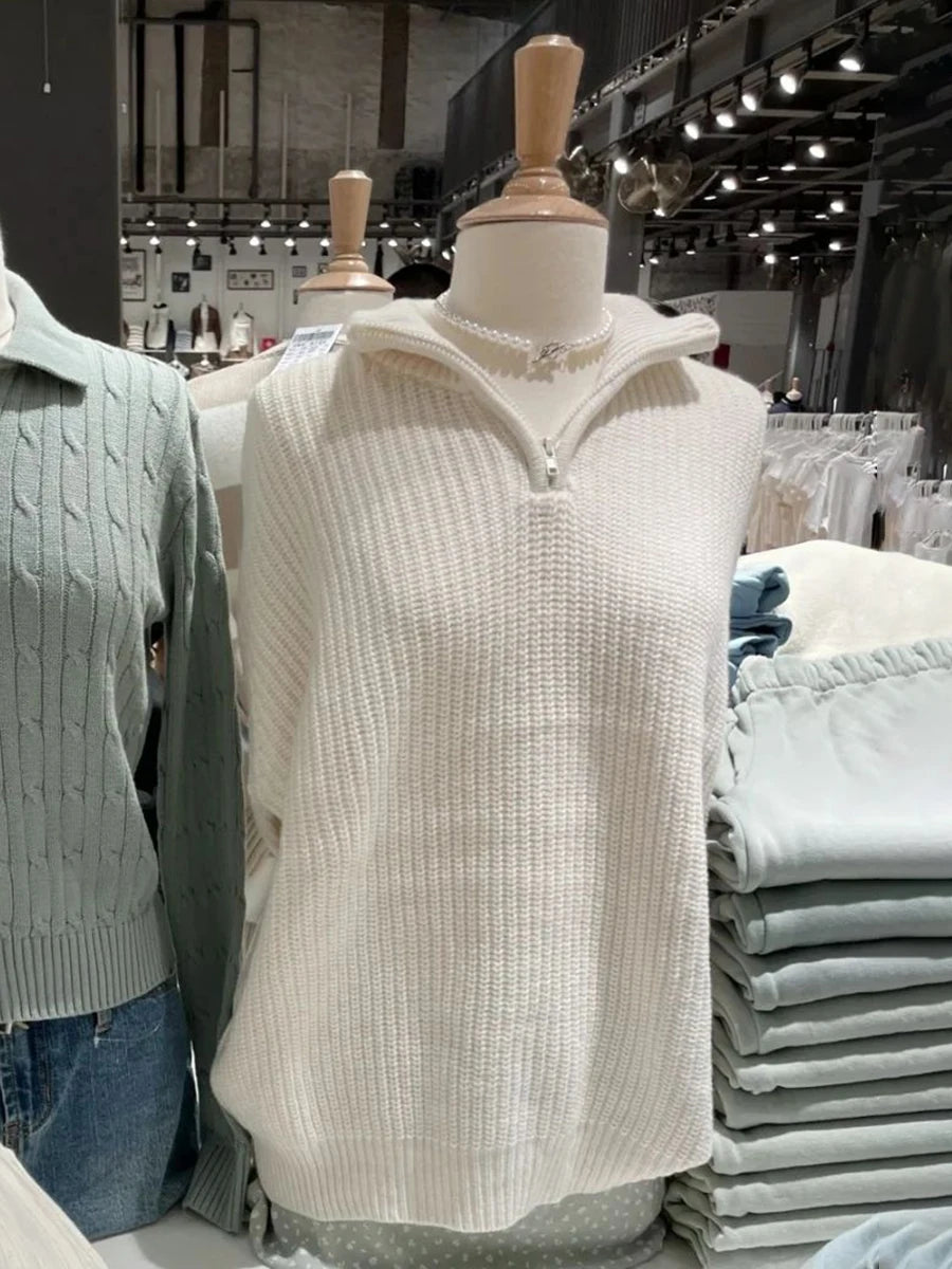 Vintage Zipper Mock Neck Oversized Sweater Women Autumn Loose Long Sleeve Jumper Fashion Sweet Preppy Style Pullover Tops Y2K