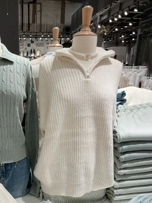 Vintage Zipper Mock Neck Oversized Sweater Women Autumn Loose Long Sleeve Jumper Fashion Sweet Preppy Style Pullover Tops Y2K