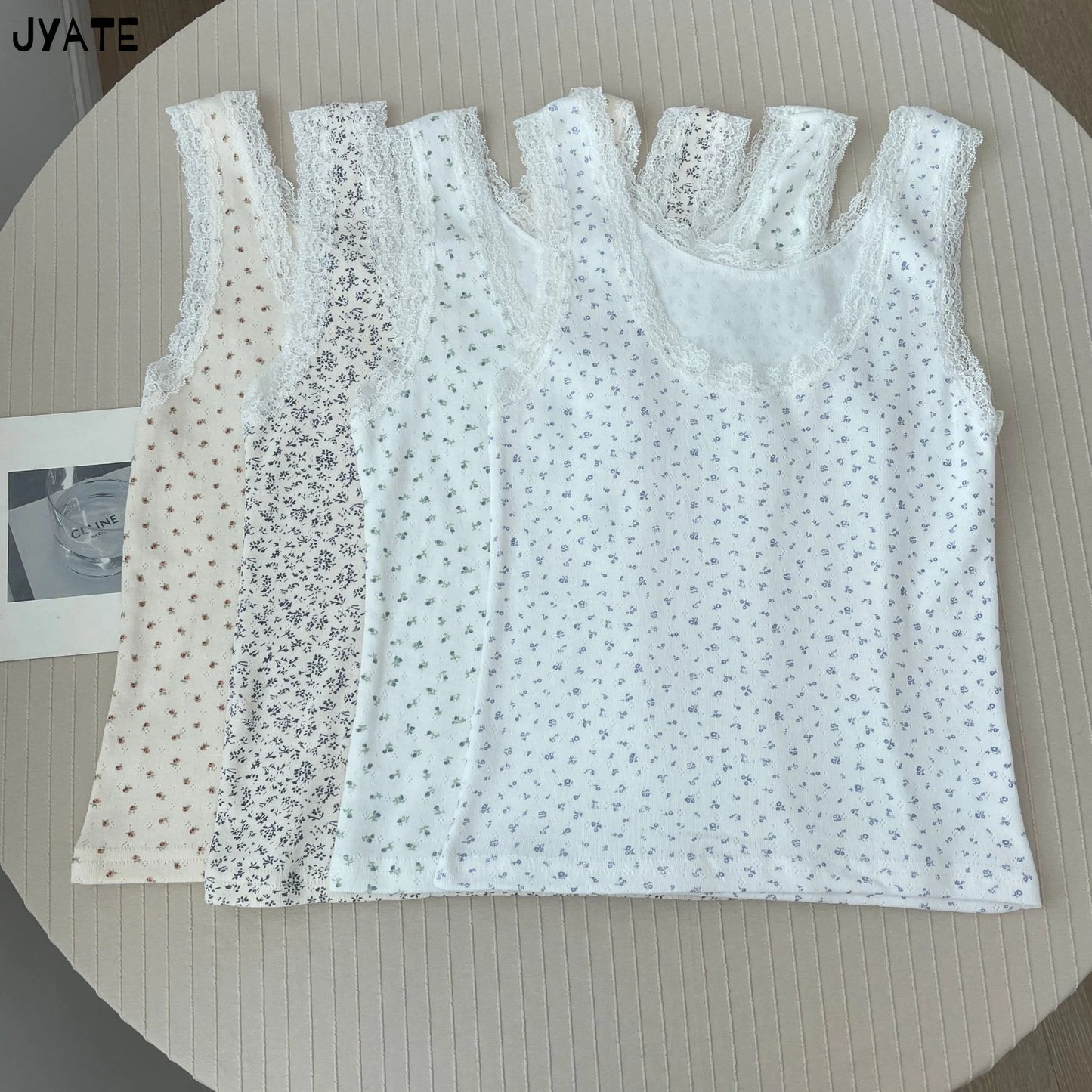 Lace Trim Floral Print Tank Tops Women Summer Cotton Casual Simple U-neck Sleeveless Slim Vests Vintage Sweet Cute Crop Top Y2K