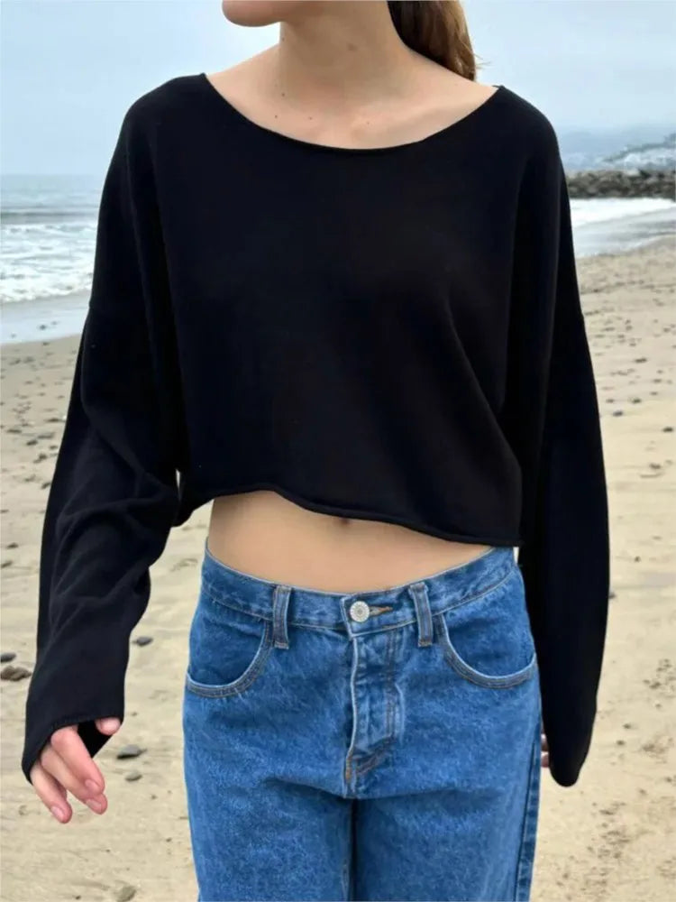 Navy V-Neck Vintage Knitted Sweater Women Autumn Winter Casual Cotton Long Sleeve Pullover Jumper Simple Slim Streetwear Top Y2K
