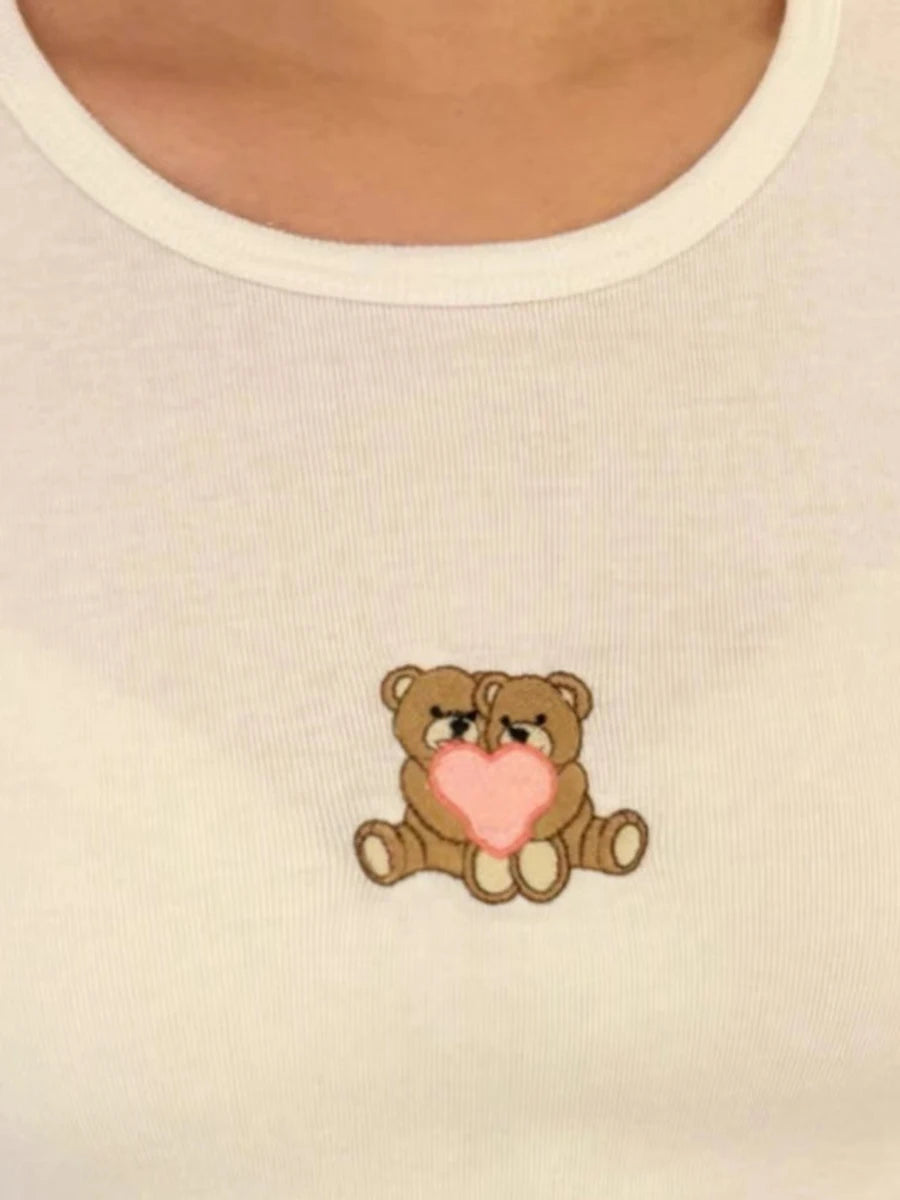 Fashion Heart Bear Embroidery Crop Tops Women 2024 New Cotton Casual Streetwear Short Sleeve Tee Vintage Sweet Cute T-shirts Y2K