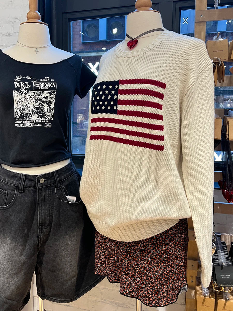 Retro Flag Jacquard Graphic Sweater Women Crew Neck Long Sleeve Jumper American Vintage Preppy Style Knitted Tops Pullover  Y2K