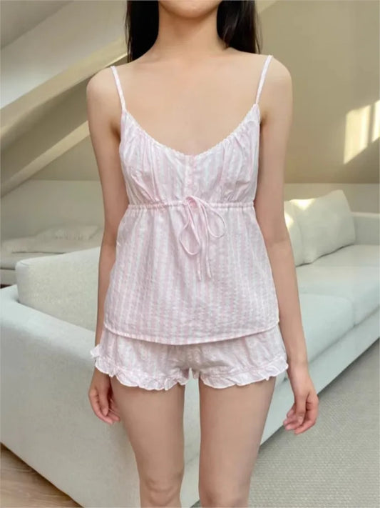 Pink Striped Lace-up Tank Tops Women Summer Cotton Lace Trim Slim Buttons Strapless Vests Female Sweet Cute Preppy Camisole Y2K