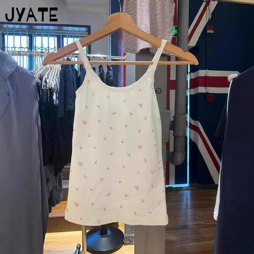 Sweet Lace Trim Slim Tank Tops Women Summer New Casual Pink Floral Print Cotton Sleeveless Vests Preppy Style Cute Camisole Y2K