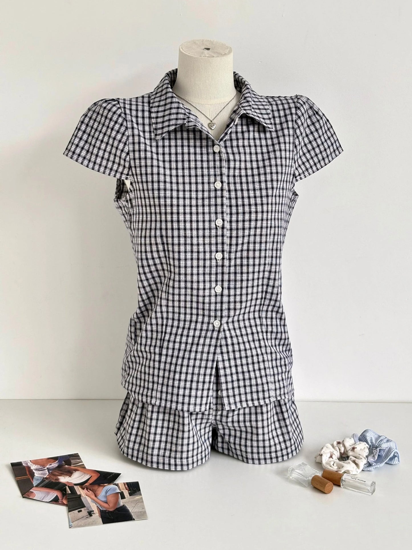 Pink Buttons Blouse T-shirt Short Sets Women Slim Short Sleeve Tees+Straight Sweatshorts Sweet Cute Home Pajama 2 Piece Outfits