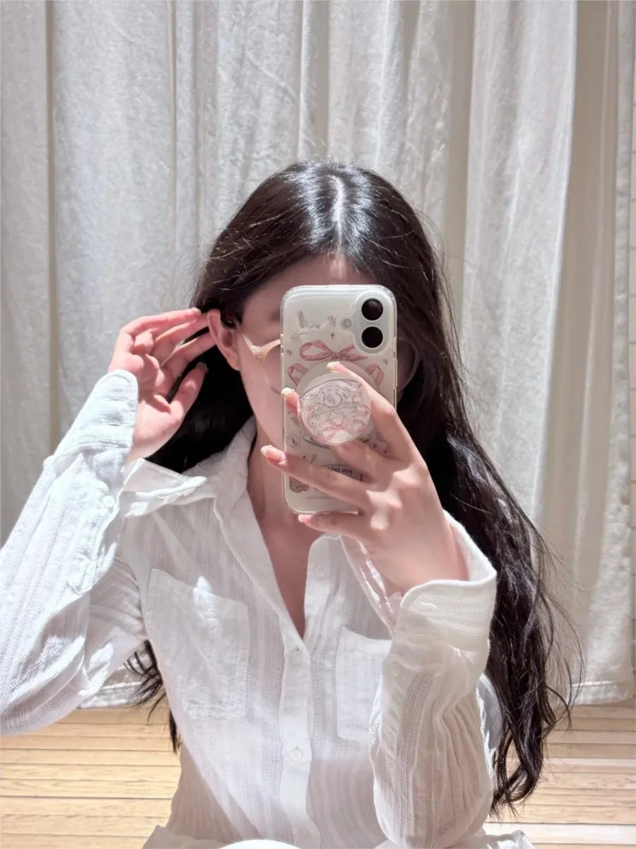 White Cotton Linen Collar Buttons Blouse T-shirts Women Slim Casual Long Sleeve Tees Girls Sweet Cute Preppy Style Y2K Crop Tops