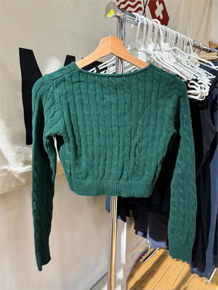 Drak Green O-neck Knit Cardigan Women Spring Cotton Casual Streetwear Slim Cropped Sweaters Vintage Simple Sweet Kniitwear Y2K
