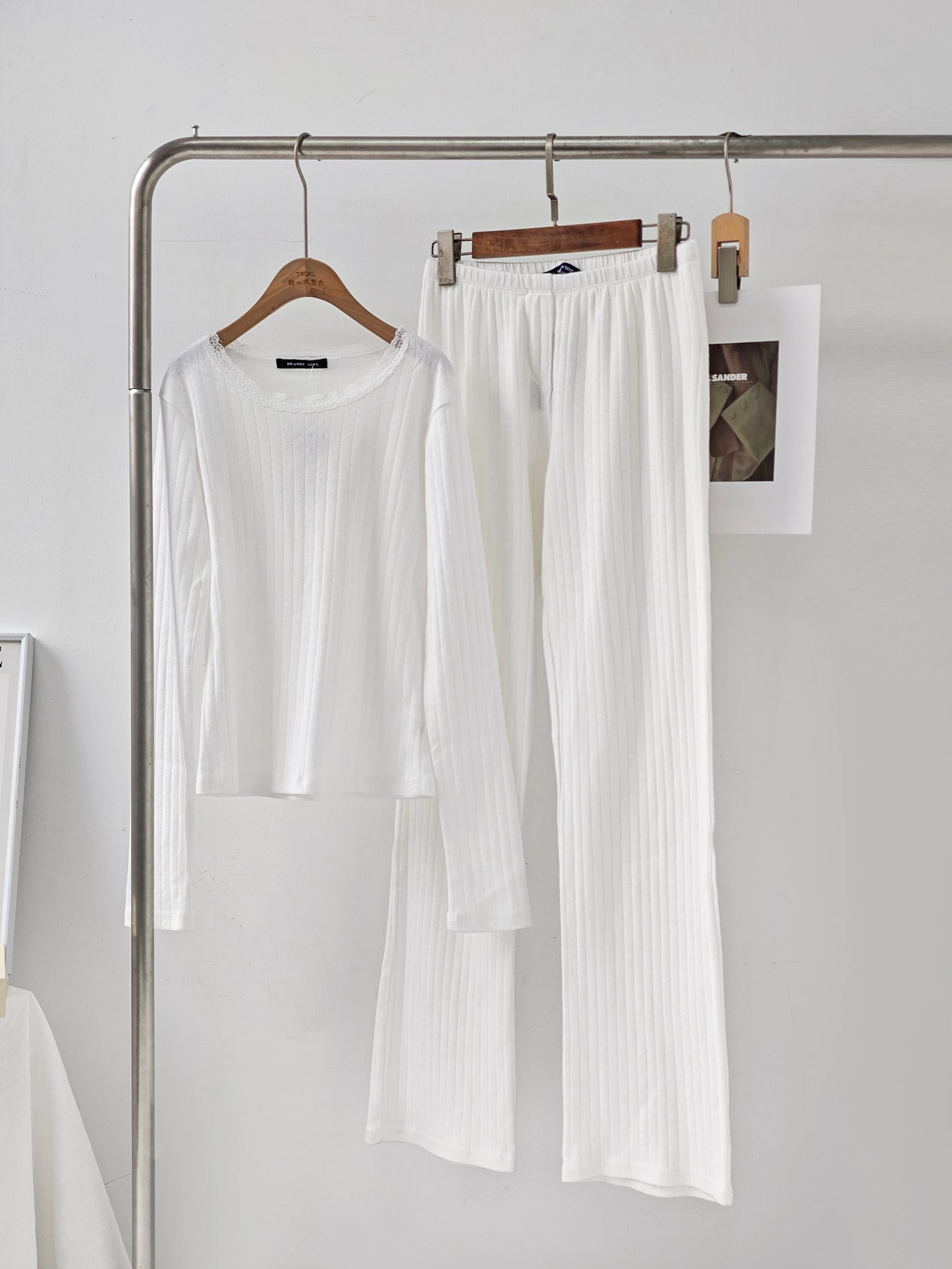 White Eyelet 2 Piece Sets Women Buttons Cotton Long Sleeve Tee+Elastic Waist Straight Trousers Home T-shirt Pant Pajama Set Y2K