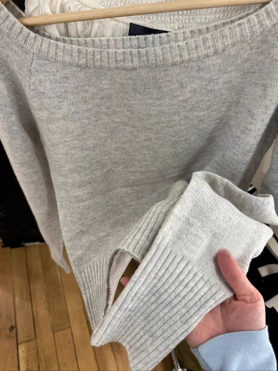 Sweet Gray Knitted Short Sweater Women Autumn Sexy Slash Neck Long Sleeve Cotton Jumpers Vintage Preppy Style Pullover Tops Y2K