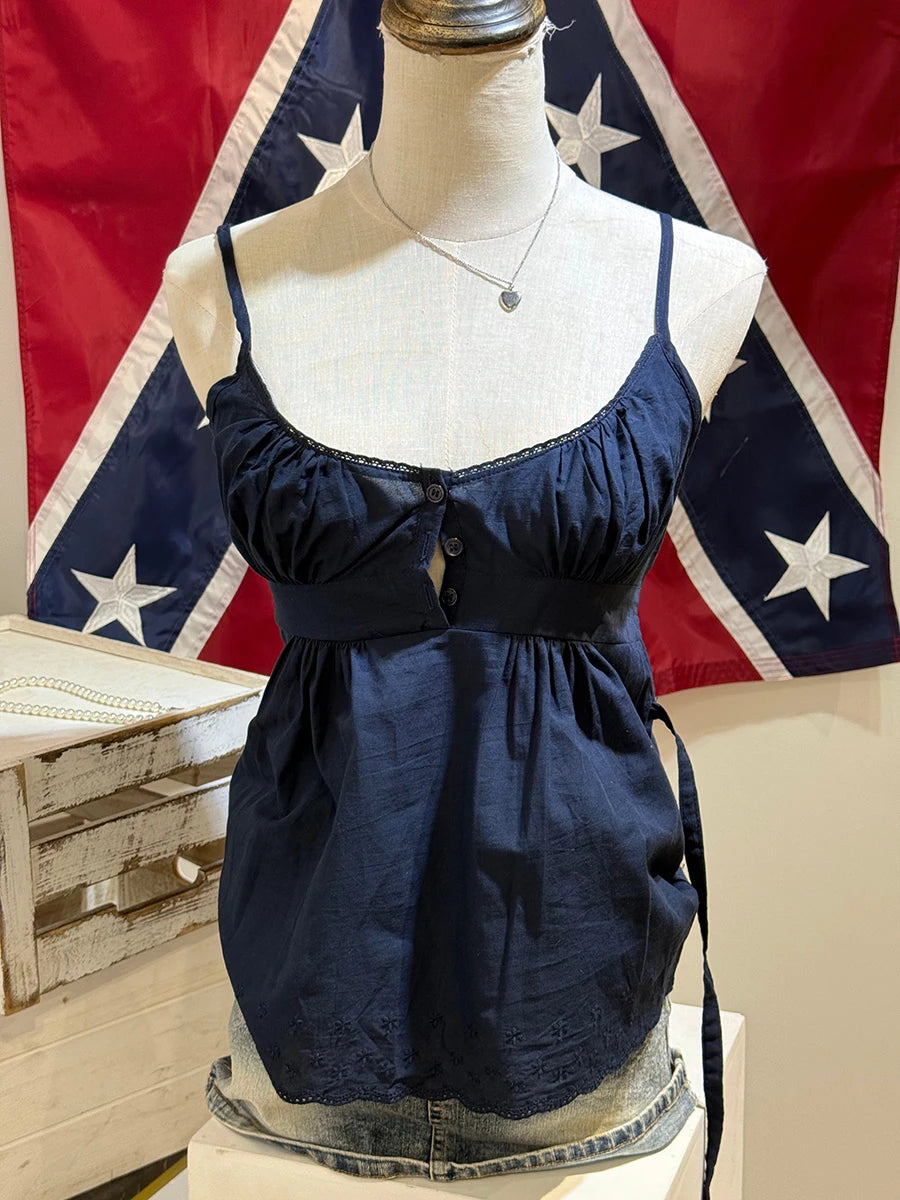 Navy Dot Slim Buttons Tank Top Woman Summer New Lace Trim V-neck Back Lace-up Cotton Camis Clothes Vintage Sweet Crop Tops Y2K