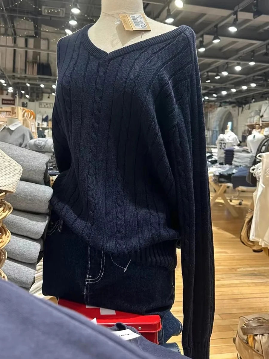 Women V-neck Knitted Sweater Casual Autumn Winter Cotton Warm Loose Twisted Flower Pullover Tops Harajuku Solid Vintage Jumper
