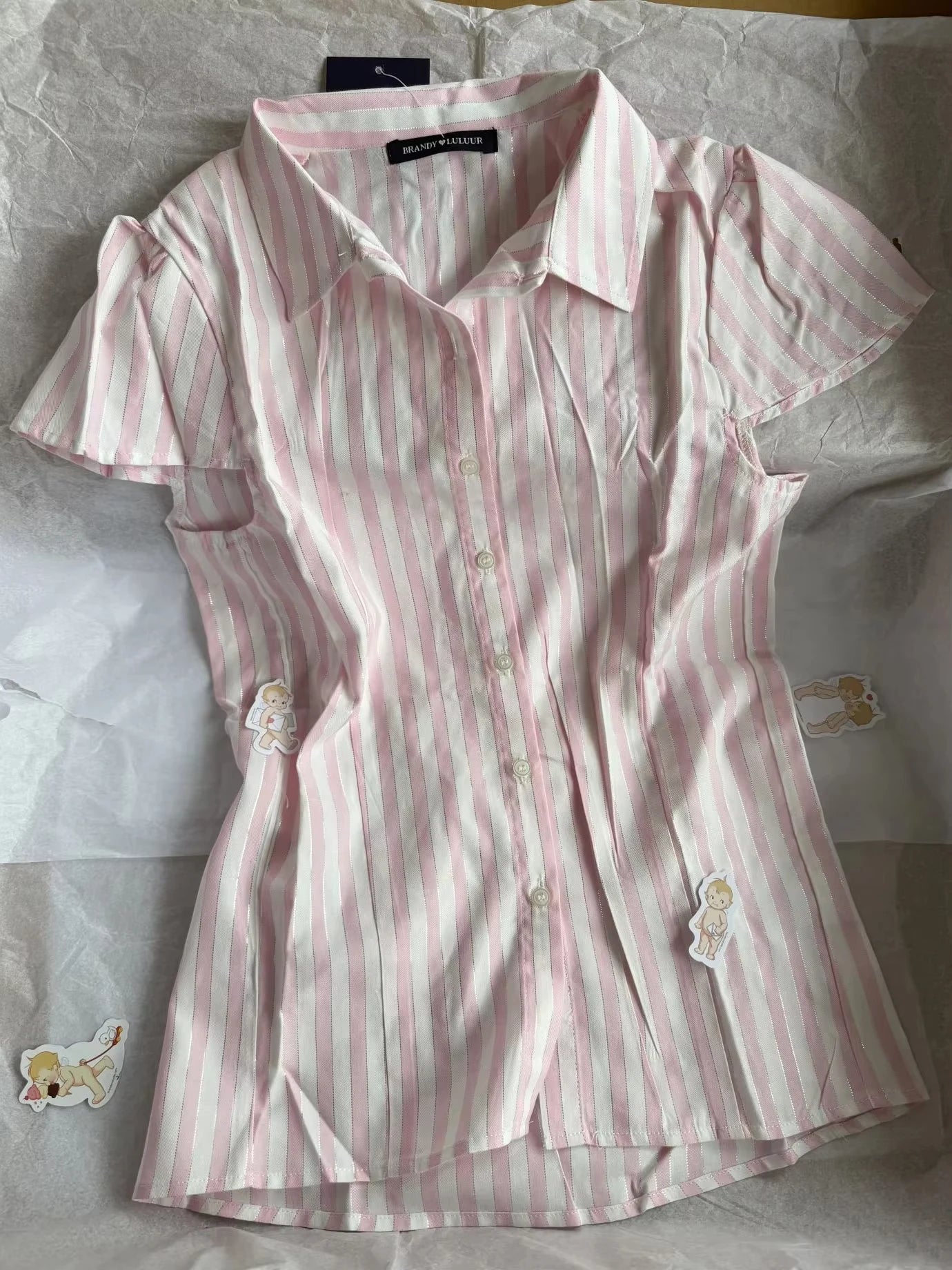 Pink Striped Blouse Women Summer Streetwear Silver Line Slim Short Sleeve Buttons T-shirts Sweet Cute Preppy Style Tshirt Y2K