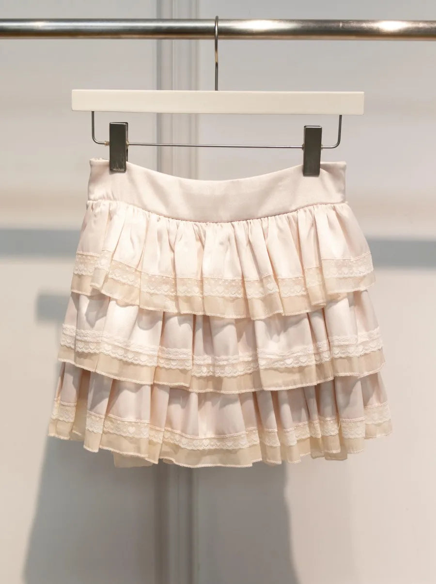 Pink Lace Trim Ruffles A-line Skirts Women Summer New Cotton Elastic High Waist Short Faldas Sweet Preppy Style Cute Mini Skirt
