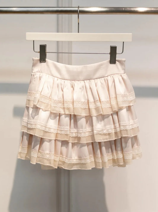 Pink Lace Trim Ruffles A-line Skirts Women Summer New Cotton Elastic High Waist Short Faldas Sweet Preppy Style Cute Mini Skirt
