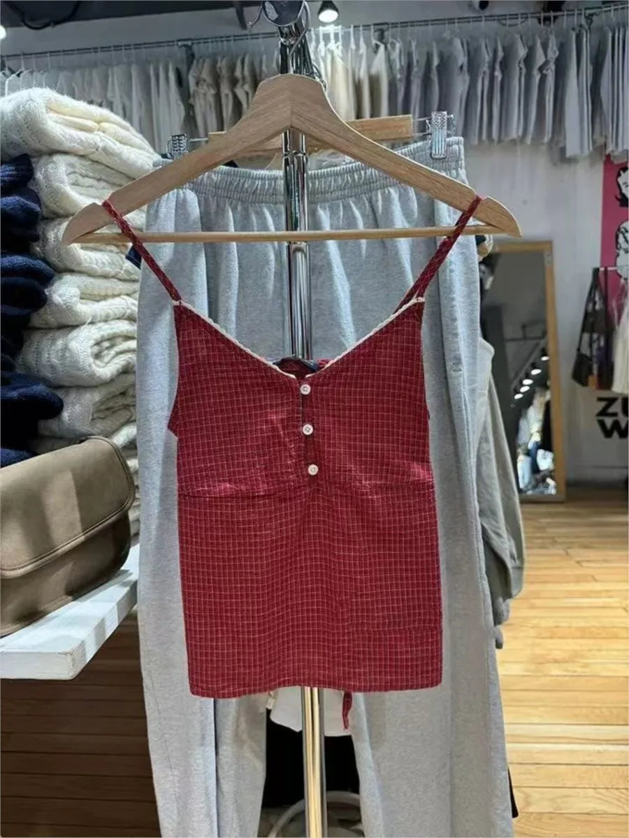 Vintage Red Plaid Buttons V-neck Camis Women Summer Casual Lace Trim Slim Simple Sleeveless Vests Sweet Preppy Style Tank Tops