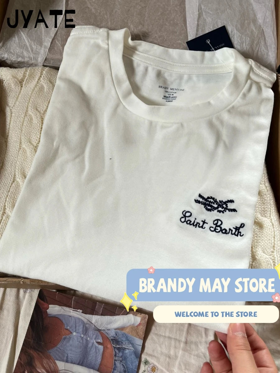 Fashion Letter Embroidery T-shirts Women New Casual Cotton Soft Loose Simple Short Sleeve Tee Vintage Chic Preppy Tshirt Y2K Top