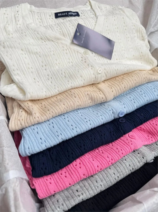 Solid Hollow Out Knitted Tops Women Spring Simple Basic V Neck Cotton Long Sleeve T-shirt Female Sweet Vintage Cute Crop Top Y2K