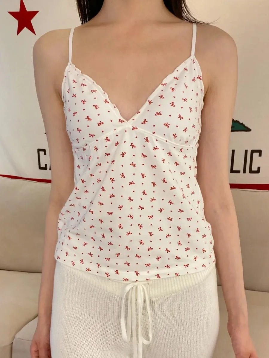 Red Bow Fungus Trim Bow Tank Tops Women New Cute Casual Cotton Slim V-neck Sleeveless Camis Girl Sweet Preppy Style Y2K Crop Top