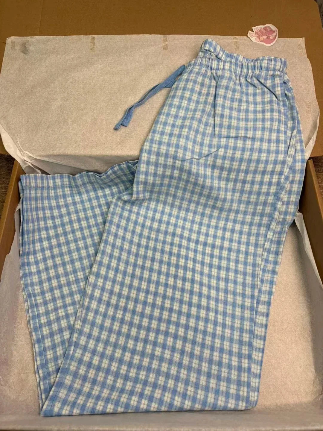 Sweet Blue Plaid Straight Pants Women Summer Chic Drawstring Low Waist Trousers Female Preppy Style Cozy Cotton Long Pant Y2K