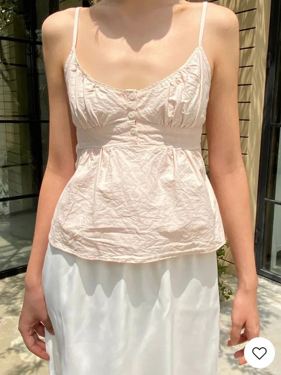 Sweet Pink Stripe Lace-up Tank Top Women Summer Lace Trim Button V-neck Cotton Camis Vintage Streetwear Sleeveless Crop Tops Y2K