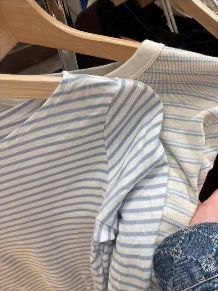 Vintage Striped Sexy Slash Neck Slim T Shirt Women Casual Streetwear Cotton Long Sleeve Tees Casual Sweet Basic T-shirts Y2K New