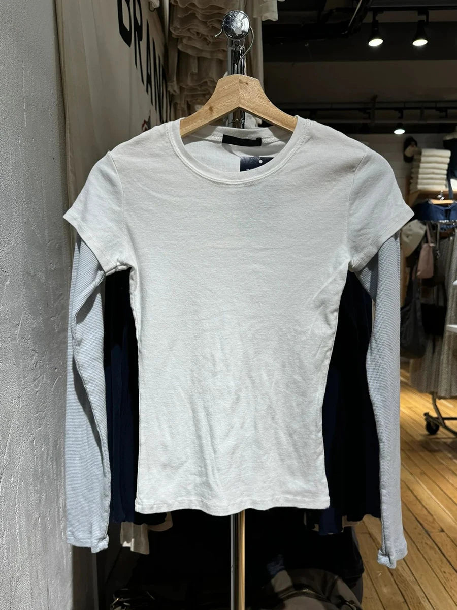 Sweet Patchwork Fake Two Pieces T-shirt Women O-neck Preppy Style Cotton Slim Long Sleeve Tee Shirts Vintage Cute T-shirts Tops
