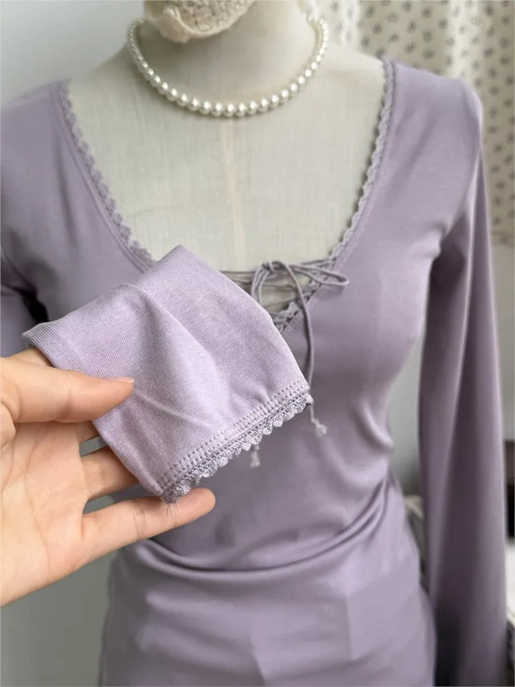 Purple Lace Trim V-neck T-shirts Women Spring Streetwear Chic Cotton Lace-up Long Sleeve Tees Sweet Cute Preppy Style Tshirt Y2K