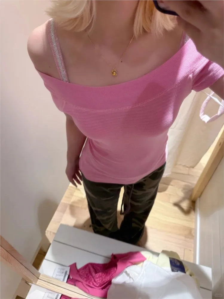 Pink Pinstripes Slash Neck Tee Shirts Women Casual Short Raglan sleeve Cotton Slim Tshirts Sweet Cute Preppy Style T-shirts Y2K